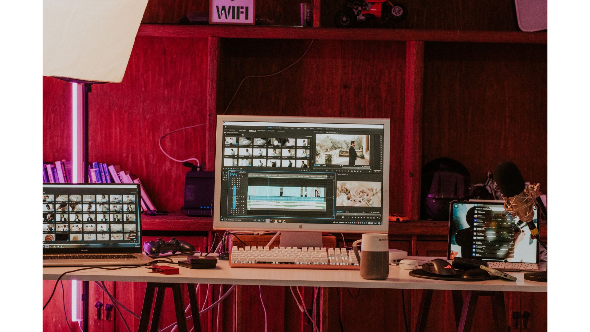A desk with computers and a keyboard

AI-generated content may be incorrect.